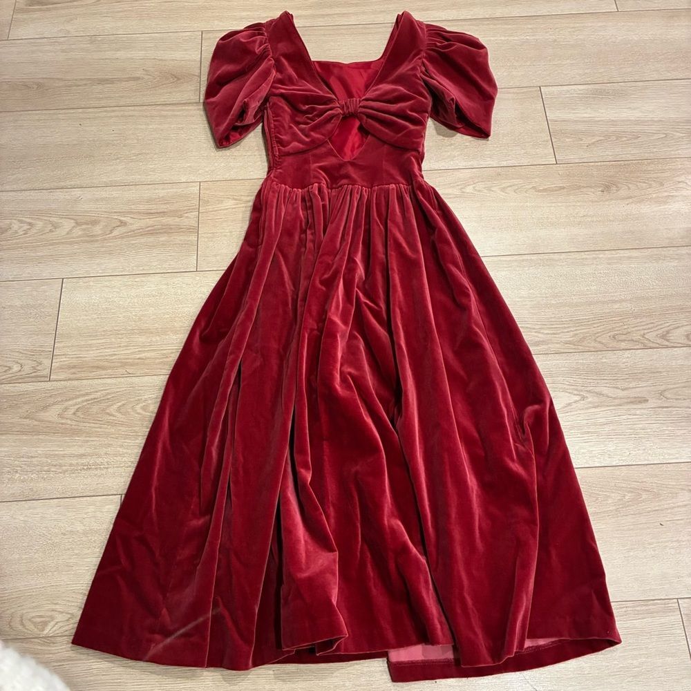 NWT Laura Ashley Women’s Vintage 80s Red Velvet Puff Sleeve Midi Dress Size 6 - Picture 7 of 8